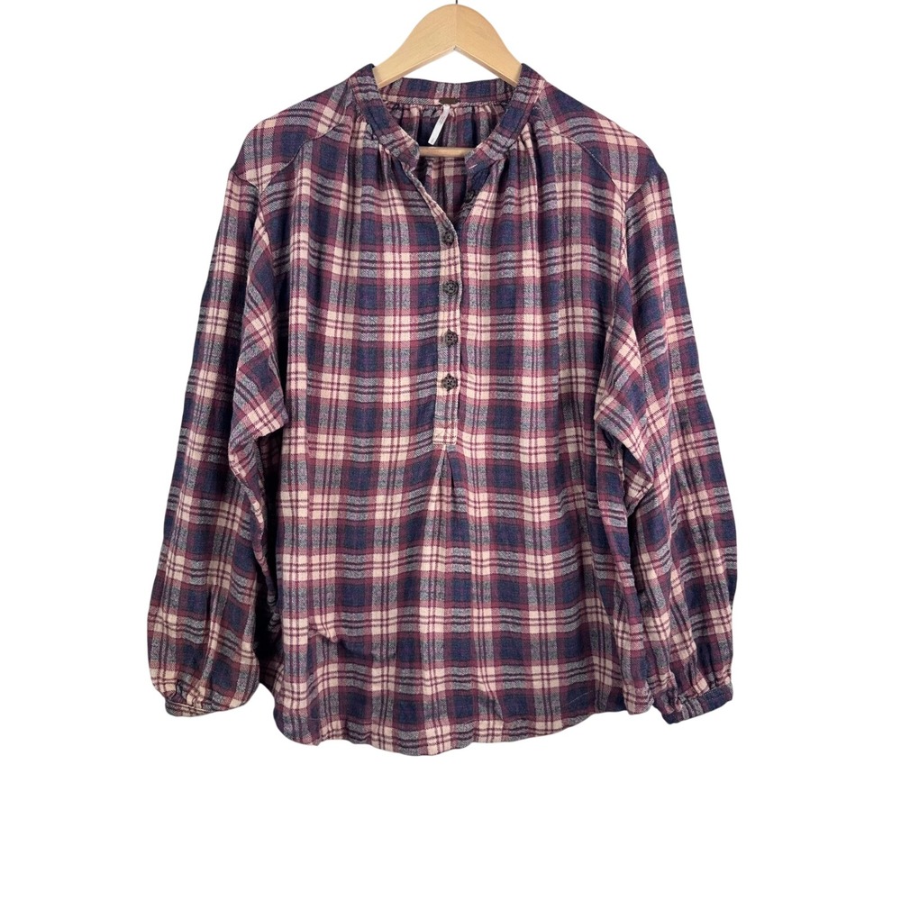Free People Plaid Northern Bound Henley Blouse sz S Wool Blend Balloon Sleeve